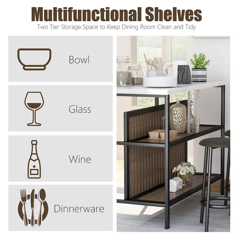 Ensemble îlot de cuisine 3 pièces Mid-Century Modern avec plateau en faux marbre, 2 tabourets et étagères - S/O