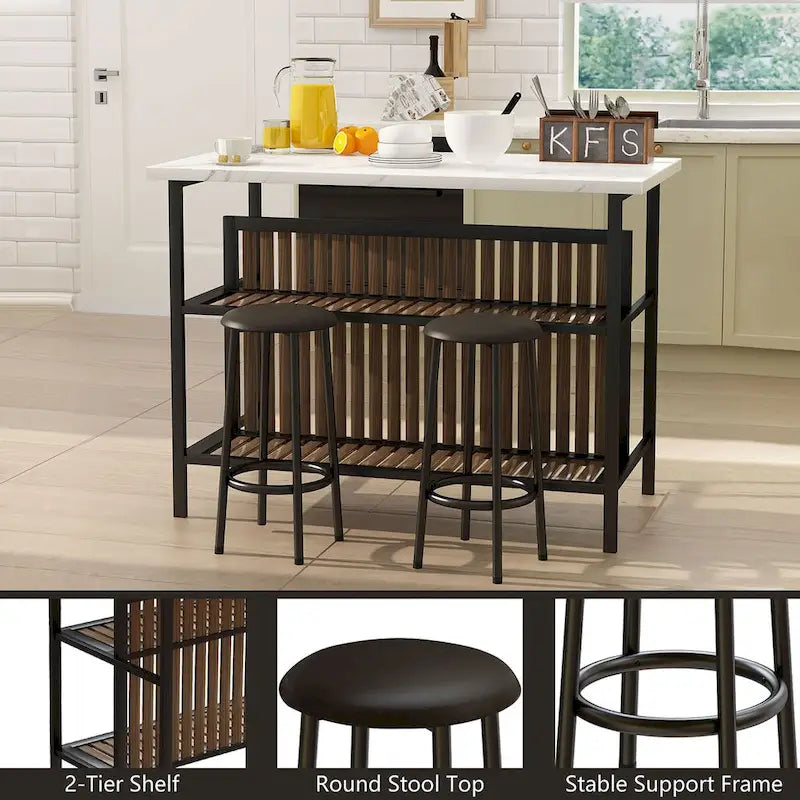 Ensemble îlot de cuisine 3 pièces Mid-Century Modern avec plateau en faux marbre, 2 tabourets et étagères - S/O
