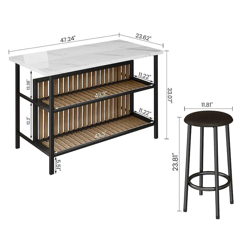 Ensemble îlot de cuisine 3 pièces Mid-Century Modern avec plateau en faux marbre, 2 tabourets et étagères - S/O