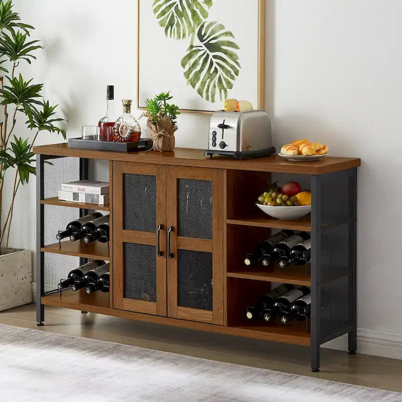 Meuble Bar Industriel, Buffet de Rangement pour Alcools, Desserte avec Range-Bouteilles et Porte-Verres 140 cm (l) x 35 cm (P) x 77 cm (H)