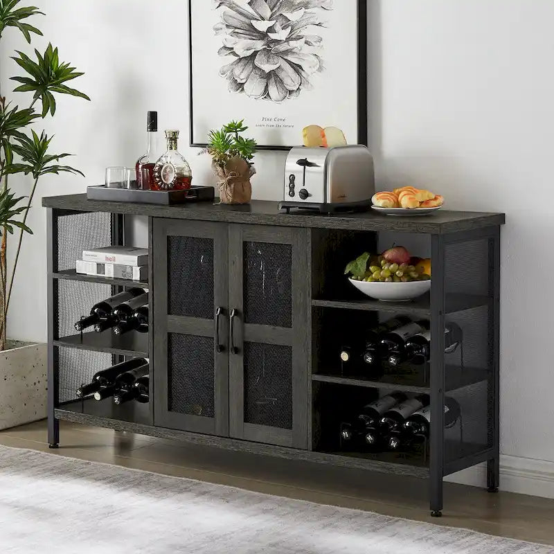 Meuble Bar Industriel, Buffet de Rangement pour Alcools, Desserte avec Range-Bouteilles et Porte-Verres 140 cm (l) x 35 cm (P) x 77 cm (H)