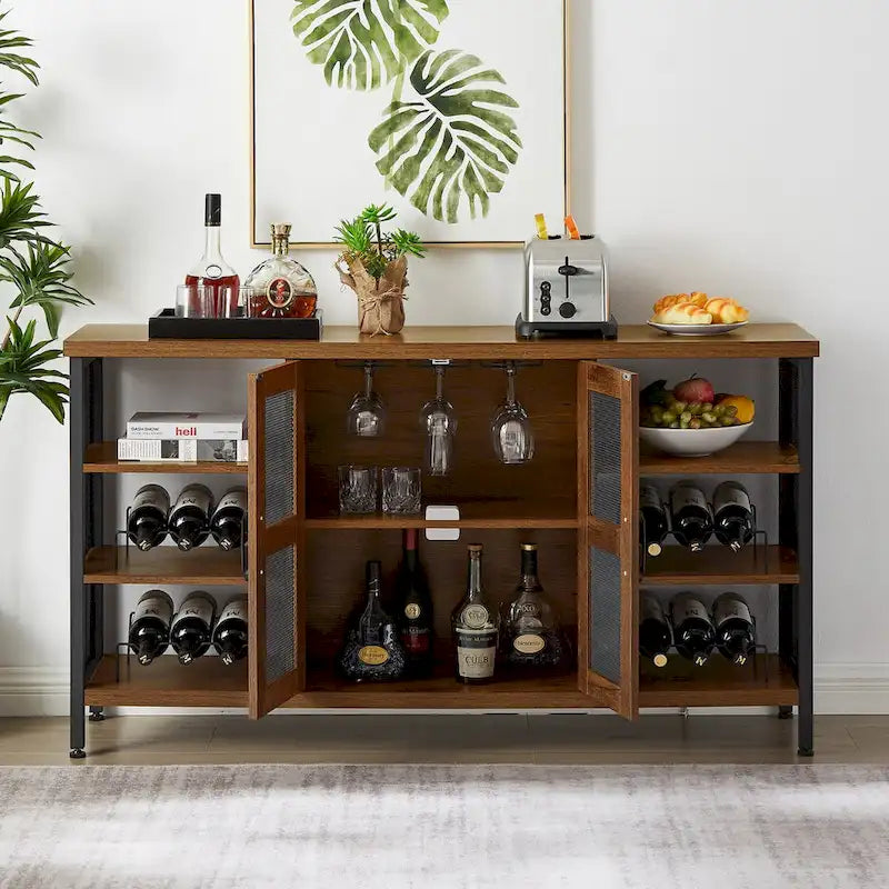 Meuble Bar Industriel, Buffet de Rangement pour Alcools, Desserte avec Range-Bouteilles et Porte-Verres 140 cm (l) x 35 cm (P) x 77 cm (H)
