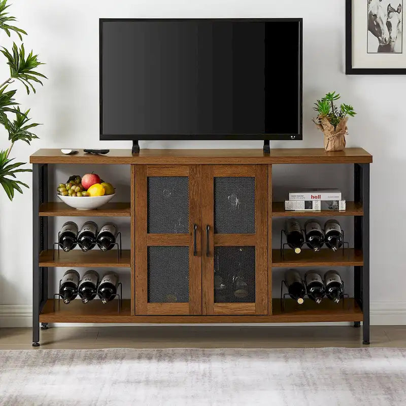 Meuble Bar Industriel, Buffet de Rangement pour Alcools, Desserte avec Range-Bouteilles et Porte-Verres 140 cm (l) x 35 cm (P) x 77 cm (H)