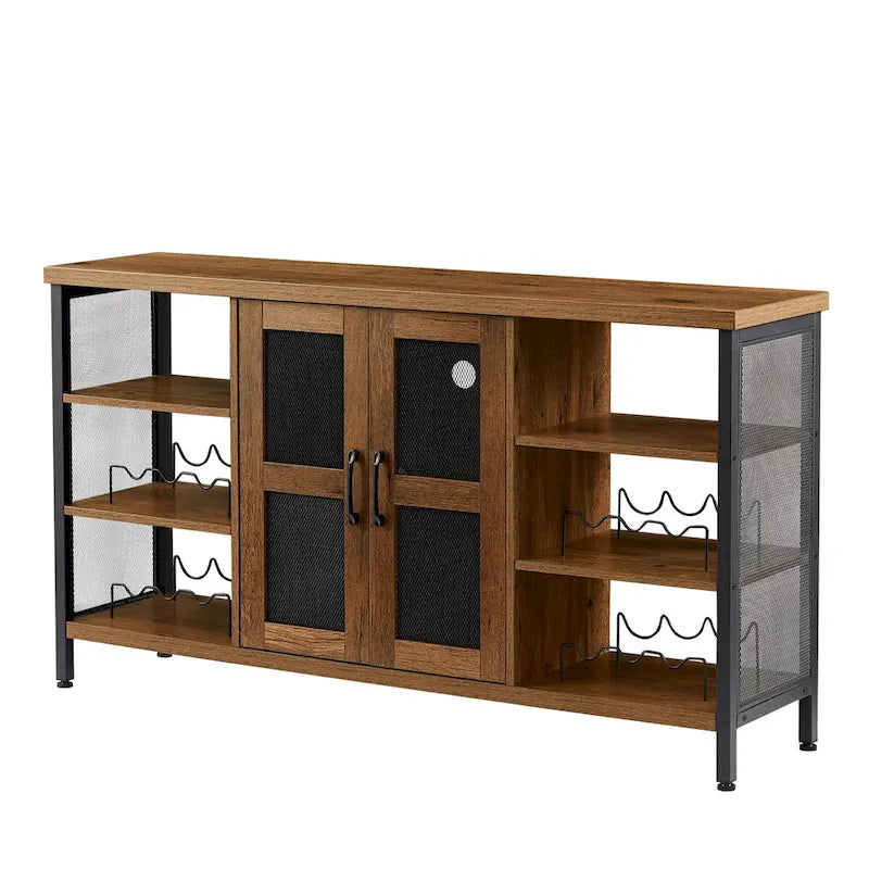 Meuble Bar Industriel, Buffet de Rangement pour Alcools, Desserte avec Range-Bouteilles et Porte-Verres 140 cm (l) x 35 cm (P) x 77 cm (H)