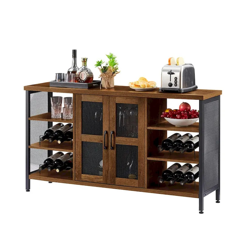 Meuble Bar Industriel, Buffet de Rangement pour Alcools, Desserte avec Range-Bouteilles et Porte-Verres 140 cm (l) x 35 cm (P) x 77 cm (H)