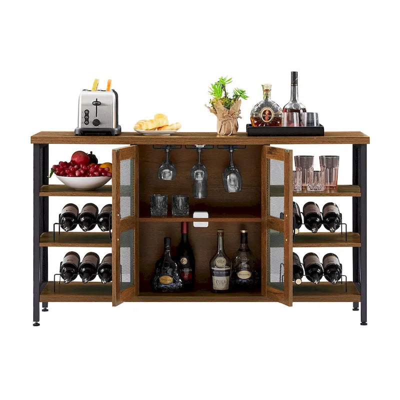 Meuble Bar Industriel, Buffet de Rangement pour Alcools, Desserte avec Range-Bouteilles et Porte-Verres 140 cm (l) x 35 cm (P) x 77 cm (H)