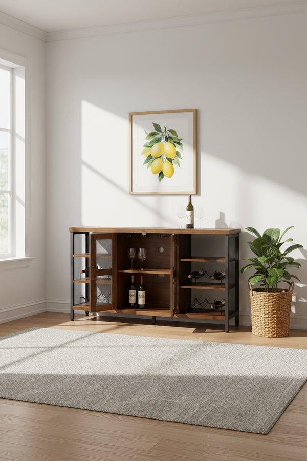 Meuble Bar Industriel, Buffet de Rangement pour Alcools, Desserte avec Range-Bouteilles et Porte-Verres 140 cm (l) x 35 cm (P) x 77 cm (H)