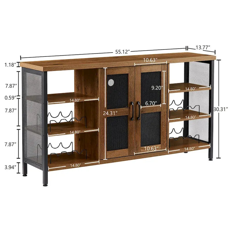 Meuble Bar Industriel, Buffet de Rangement pour Alcools, Desserte avec Range-Bouteilles et Porte-Verres 140 cm (l) x 35 cm (P) x 77 cm (H)