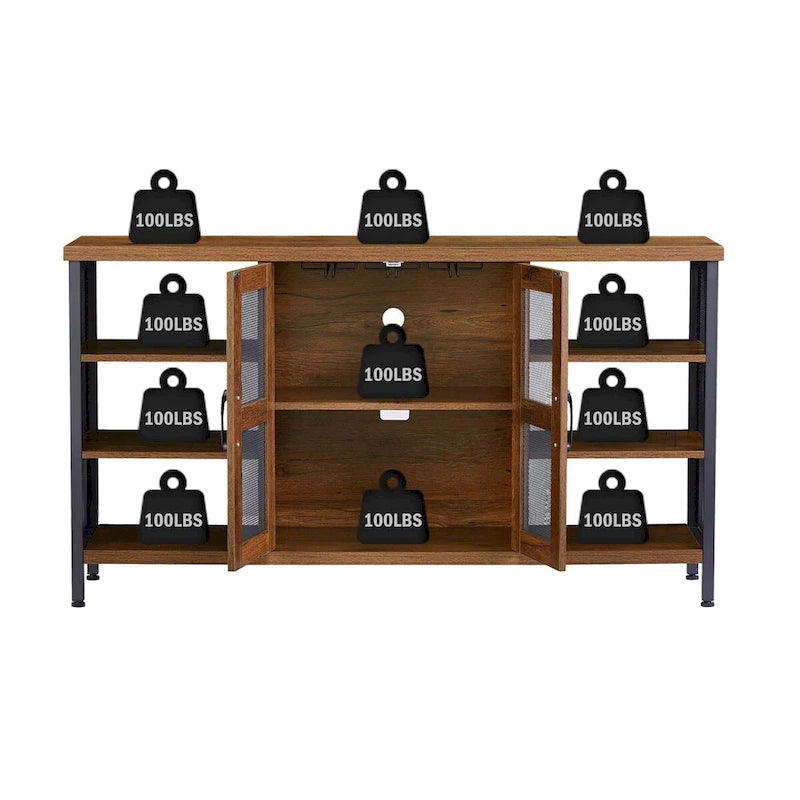 Meuble Bar Industriel, Buffet de Rangement pour Alcools, Desserte avec Range-Bouteilles et Porte-Verres 140 cm (l) x 35 cm (P) x 77 cm (H)