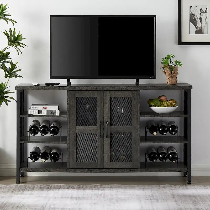 Meuble Bar Industriel, Buffet de Rangement pour Alcools, Desserte avec Range-Bouteilles et Porte-Verres 140 cm (l) x 35 cm (P) x 77 cm (H)