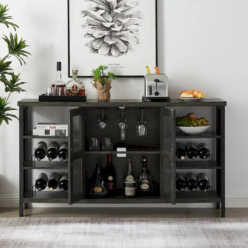Meuble Bar Industriel, Buffet de Rangement pour Alcools, Desserte avec Range-Bouteilles et Porte-Verres 140 cm (l) x 35 cm (P) x 77 cm (H)