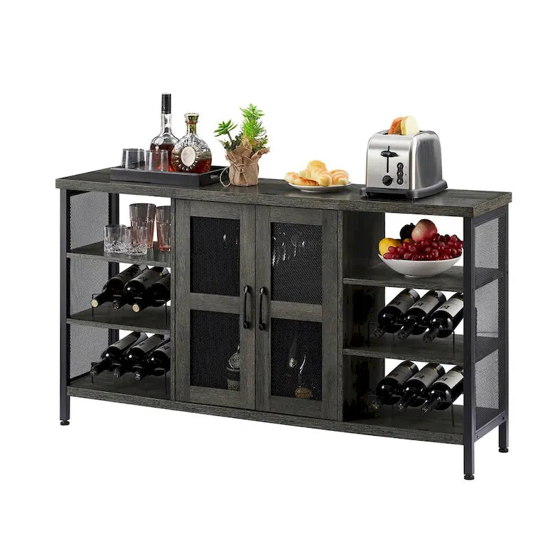 Meuble Bar Industriel, Buffet de Rangement pour Alcools, Desserte avec Range-Bouteilles et Porte-Verres 140 cm (l) x 35 cm (P) x 77 cm (H)