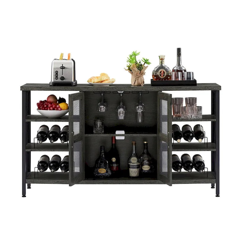 Meuble Bar Industriel, Buffet de Rangement pour Alcools, Desserte avec Range-Bouteilles et Porte-Verres 140 cm (l) x 35 cm (P) x 77 cm (H)