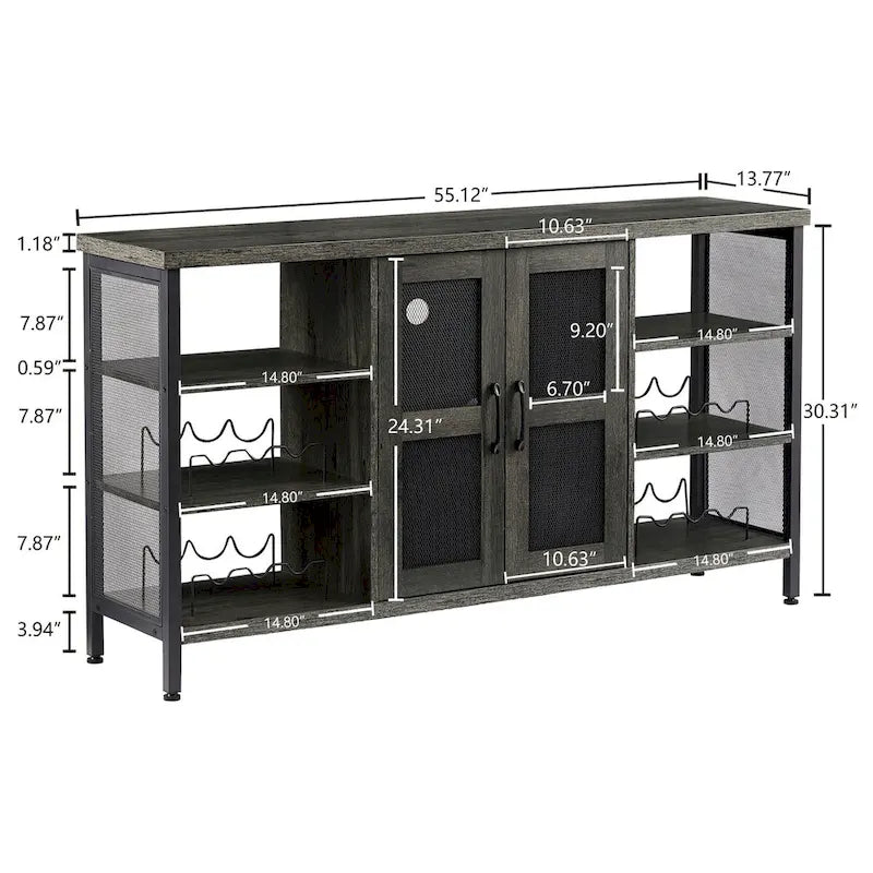 Meuble Bar Industriel, Buffet de Rangement pour Alcools, Desserte avec Range-Bouteilles et Porte-Verres 140 cm (l) x 35 cm (P) x 77 cm (H)