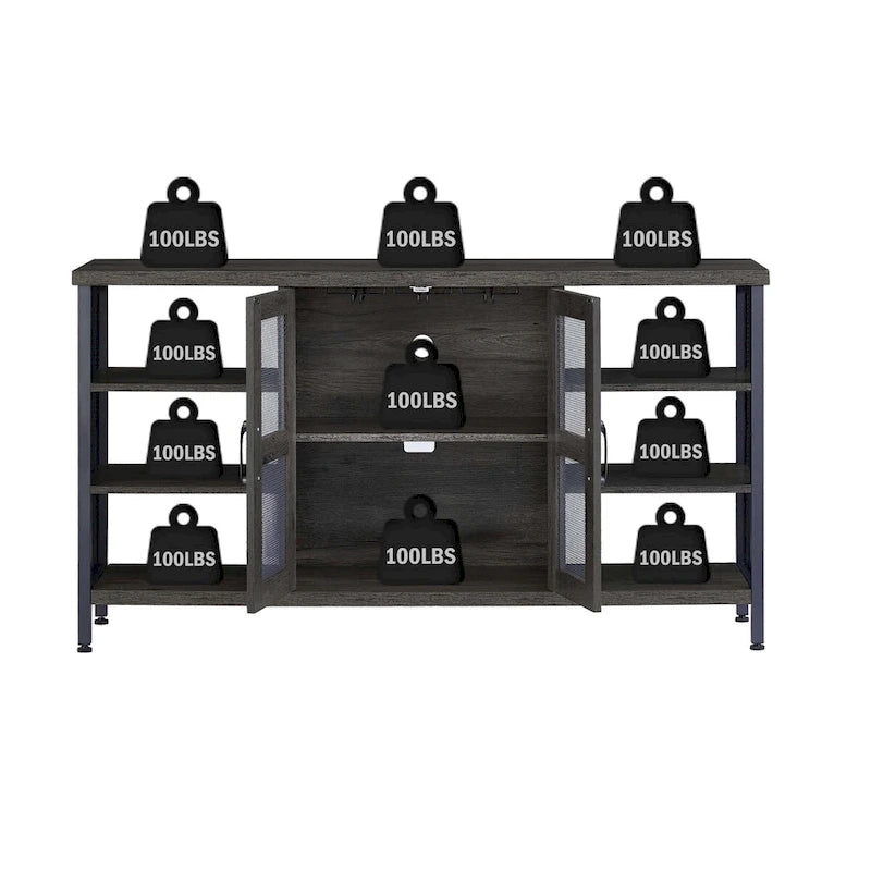 Meuble Bar Industriel, Buffet de Rangement pour Alcools, Desserte avec Range-Bouteilles et Porte-Verres 140 cm (l) x 35 cm (P) x 77 cm (H)
