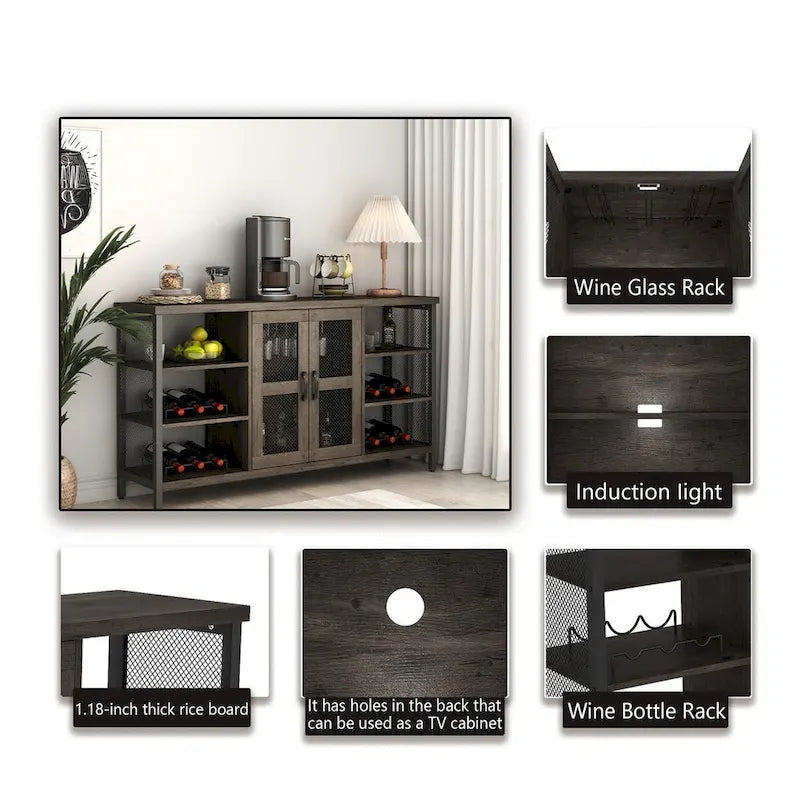 Meuble Bar Industriel, Buffet de Rangement pour Alcools, Desserte avec Range-Bouteilles et Porte-Verres 140 cm (l) x 35 cm (P) x 77 cm (H)