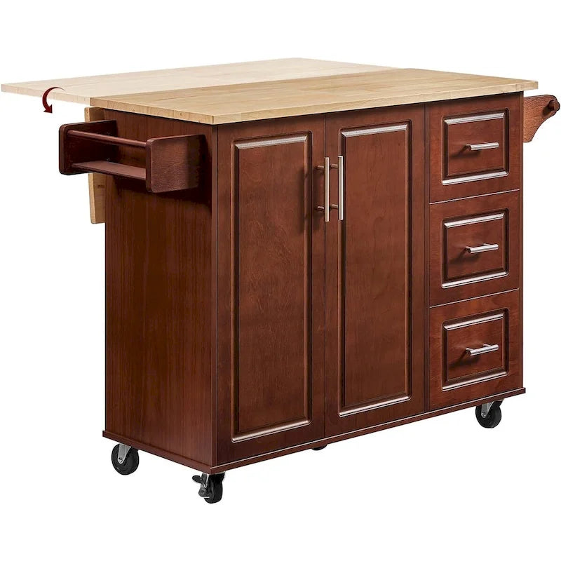 Chariot de cuisine îlot roulant de 54 po avec rangement, table îlot de cuisine en bois avec 3 tiroirs et porte-épices