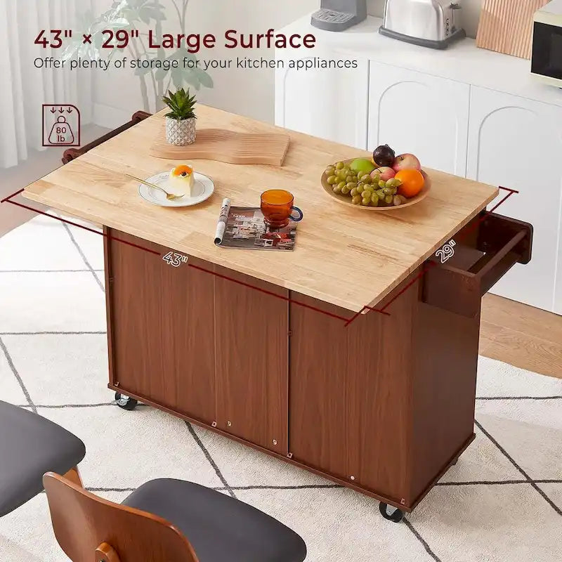 Chariot de cuisine îlot roulant de 54 po avec rangement, table îlot de cuisine en bois avec 3 tiroirs et porte-épices