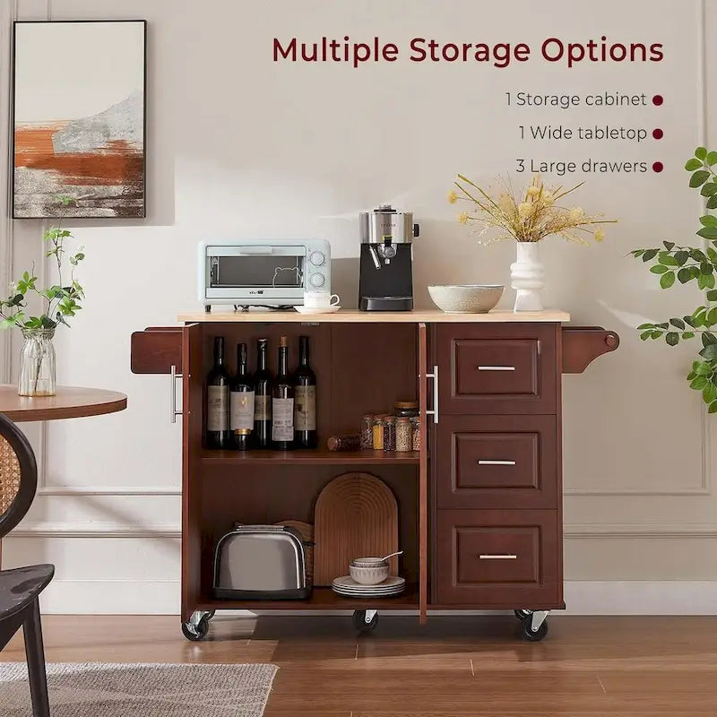 Chariot de cuisine îlot roulant de 54 po avec rangement, table îlot de cuisine en bois avec 3 tiroirs et porte-épices