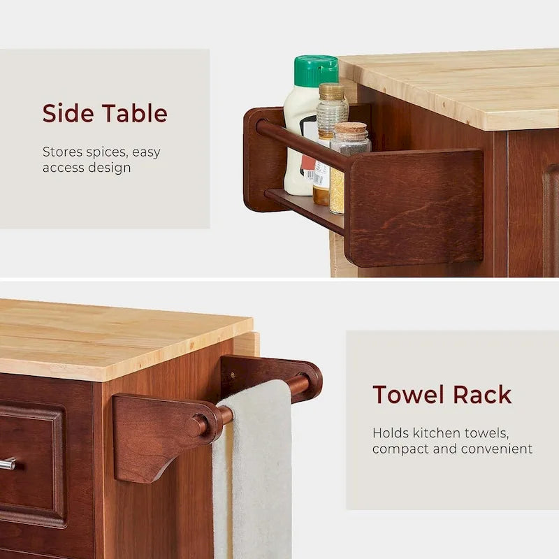 Chariot de cuisine îlot roulant de 54 po avec rangement, table îlot de cuisine en bois avec 3 tiroirs et porte-épices