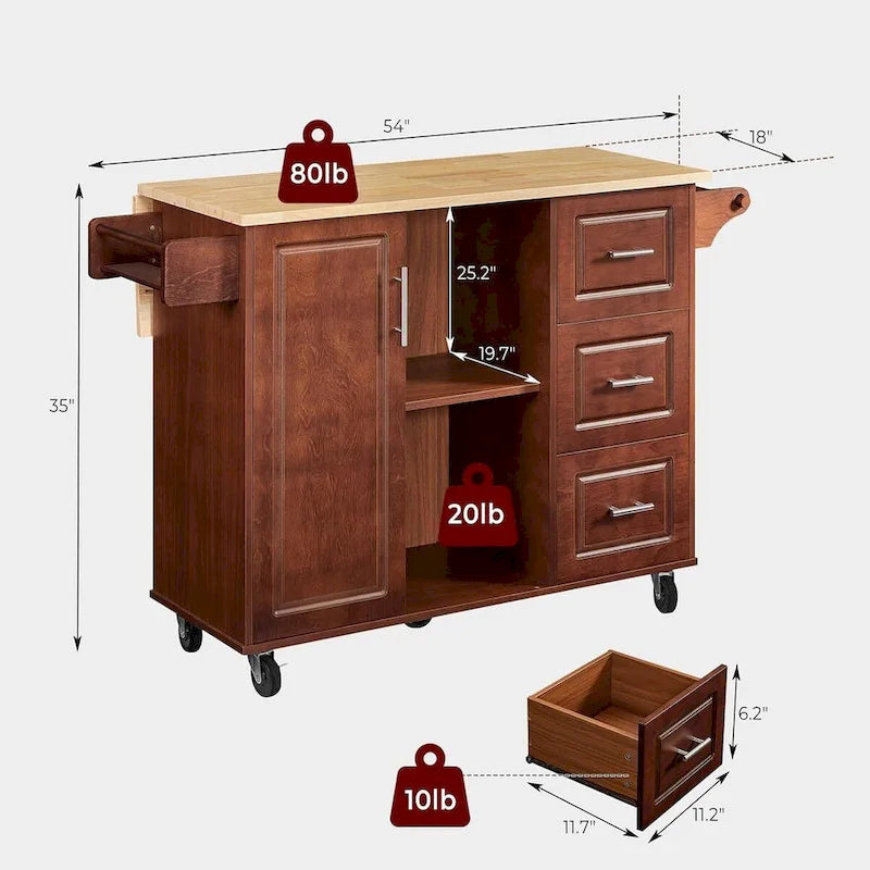 Chariot de cuisine îlot roulant de 54 po avec rangement, table îlot de cuisine en bois avec 3 tiroirs et porte-épices