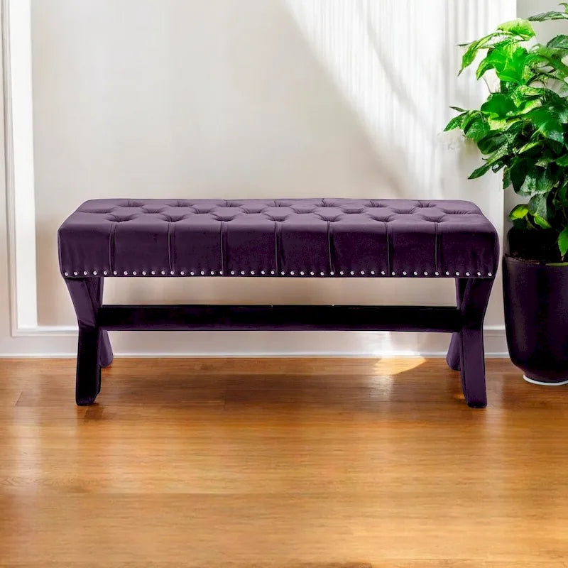 Banc rembourré en velours prune 45 - 45,27L x 19,68W x 19,29H