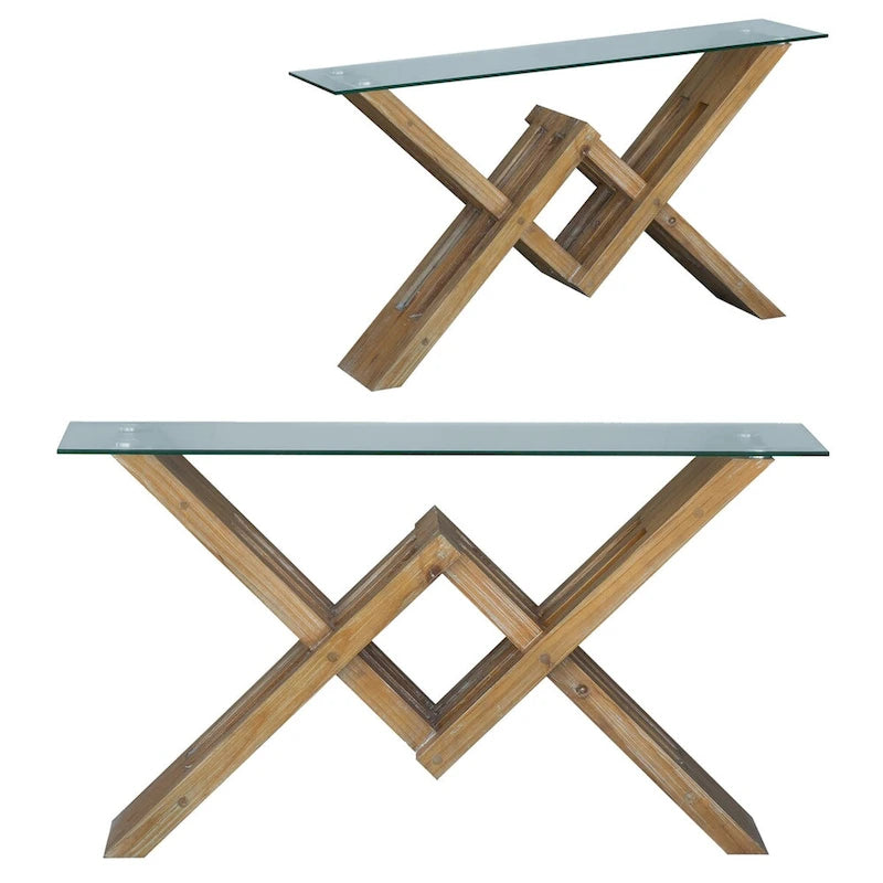 Burnished Acacia Wood Console Table with Glass Top - 58x16x34