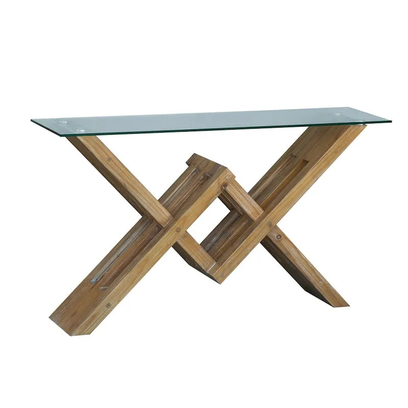 Console en bois d'acacia poli avec plateau en verre - 58x16x34