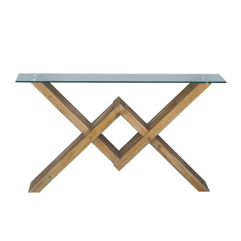 Console en bois d'acacia poli avec plateau en verre - 58x16x34
