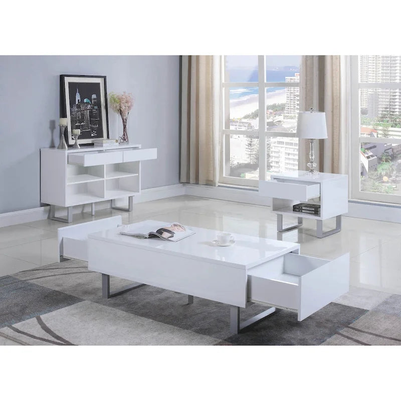 Table d'appoint rectangulaire à 1 tiroir, blanc très brillant