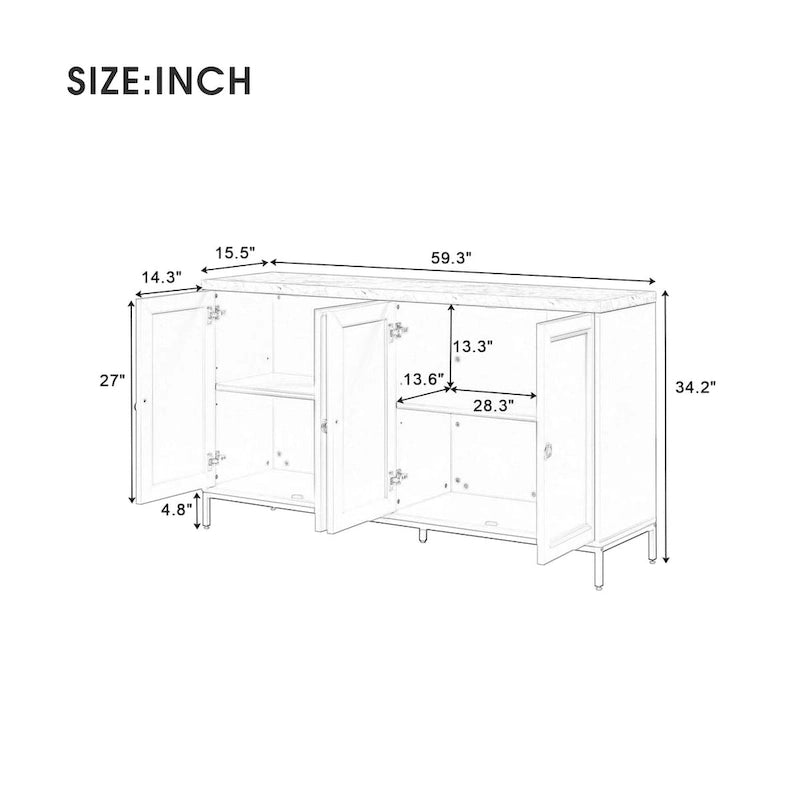 Buffet moderne avec très grand espace de rangement, poignées et pieds en métal pour salon et salle à manger