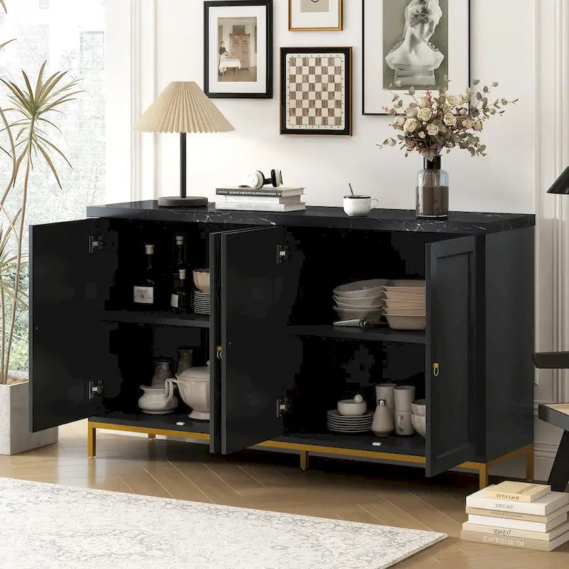 Buffet moderne avec très grand espace de rangement, poignées et pieds en métal pour salon et salle à manger