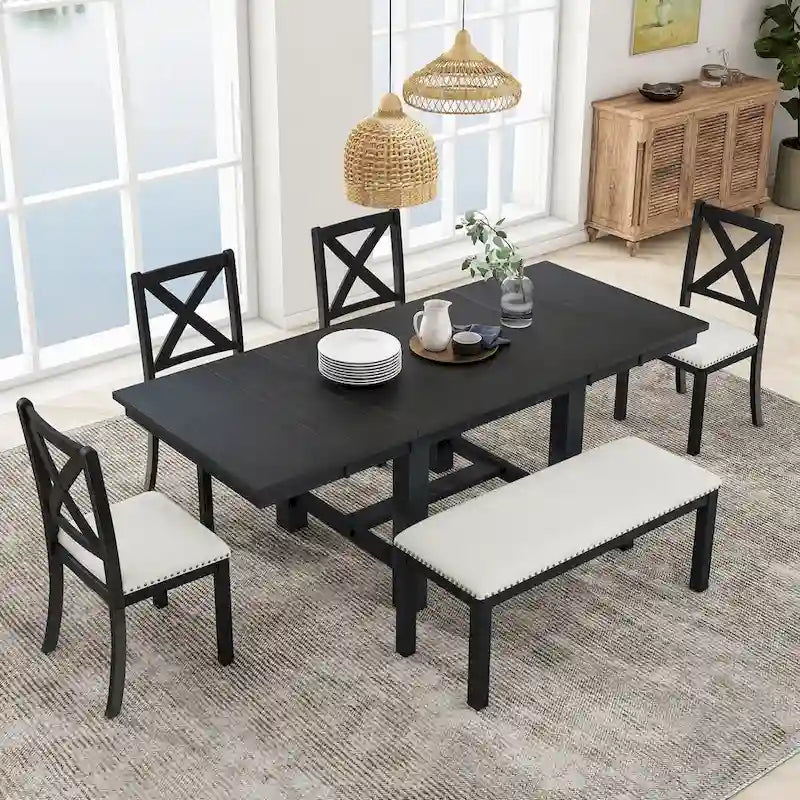 Table de salle à manger extensible 6 pièces de 82 pouces avec repose-pieds, 4 chaises de salle à manger rembourrées et un banc de salle à manger, deux rallonges amovibles de 11 pouces