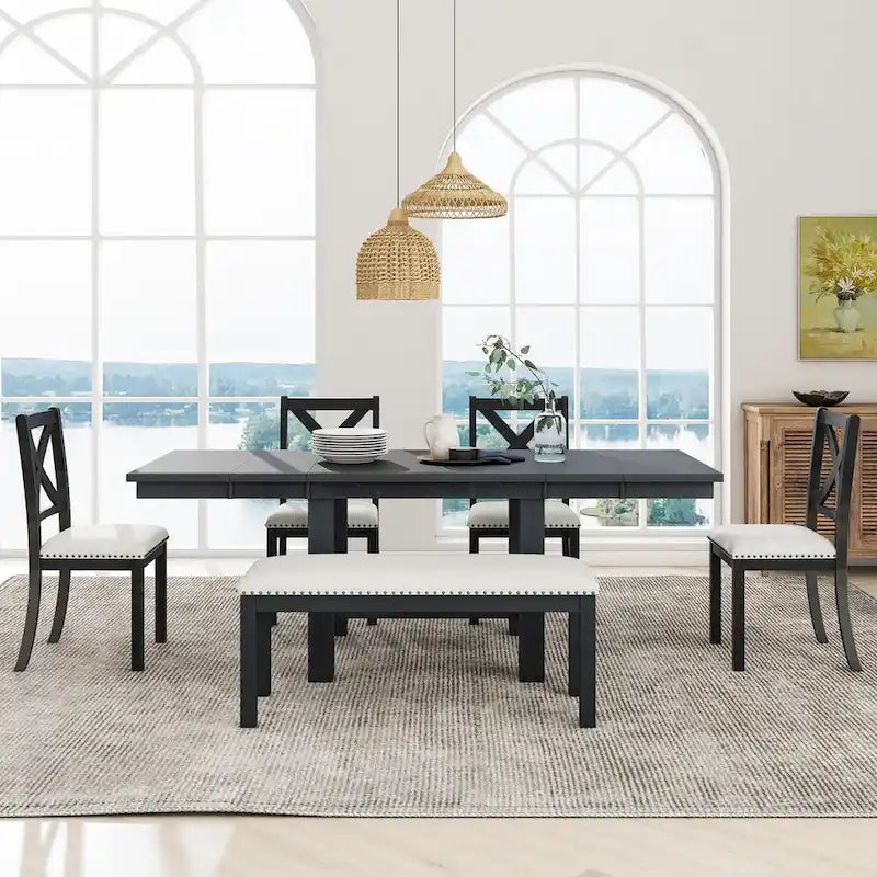 Table de salle à manger extensible 6 pièces de 82 pouces avec repose-pieds, 4 chaises de salle à manger rembourrées et un banc de salle à manger, deux rallonges amovibles de 11 pouces