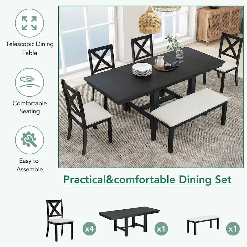 Table de salle à manger extensible 6 pièces de 82 pouces avec repose-pieds, 4 chaises de salle à manger rembourrées et un banc de salle à manger, deux rallonges amovibles de 11 pouces