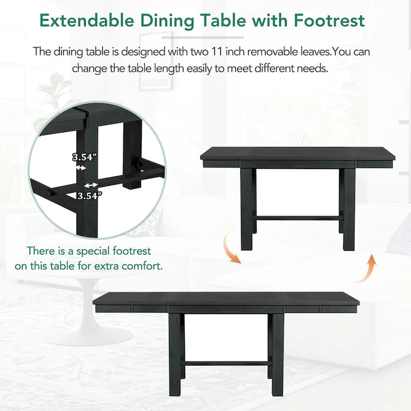 Table de salle à manger extensible 6 pièces de 82 pouces avec repose-pieds, 4 chaises de salle à manger rembourrées et un banc de salle à manger, deux rallonges amovibles de 11 pouces