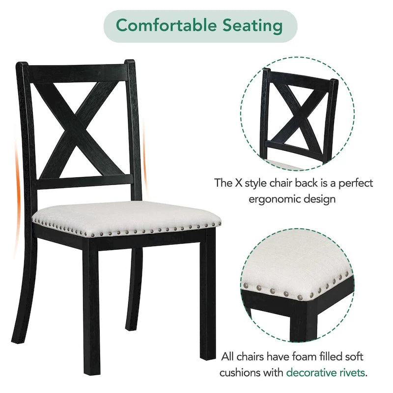 Table de salle à manger extensible 6 pièces de 82 pouces avec repose-pieds, 4 chaises de salle à manger rembourrées et un banc de salle à manger, deux rallonges amovibles de 11 pouces