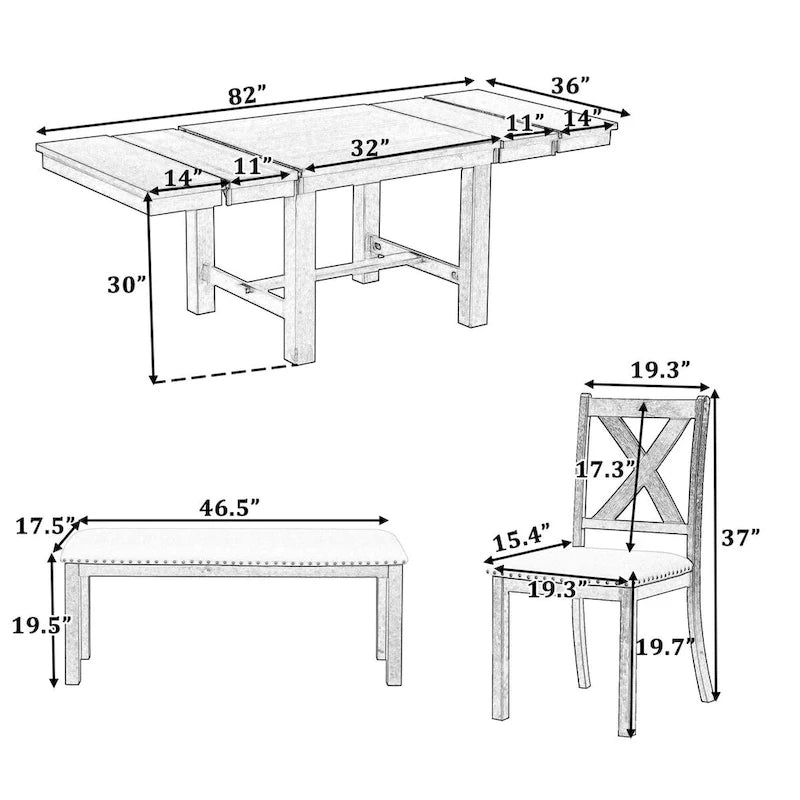 Table de salle à manger extensible 6 pièces de 82 pouces avec repose-pieds, 4 chaises de salle à manger rembourrées et un banc de salle à manger, deux rallonges amovibles de 11 pouces