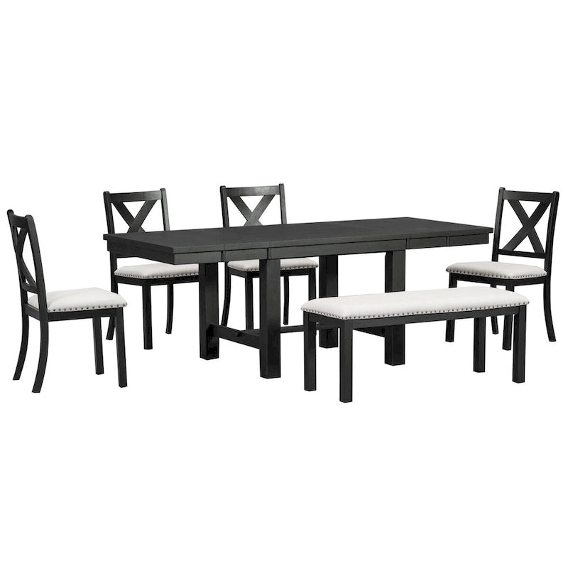 Table de salle à manger extensible 6 pièces de 82 pouces avec repose-pieds, 4 chaises de salle à manger rembourrées et un banc de salle à manger, deux rallonges amovibles de 11 pouces