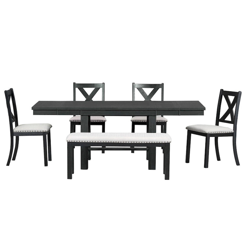 Table de salle à manger extensible 6 pièces de 82 pouces avec repose-pieds, 4 chaises de salle à manger rembourrées et un banc de salle à manger, deux rallonges amovibles de 11 pouces