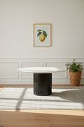 Jerry 54 Inch Dining Table, Round Faux Marble Top, Black Pedestal Base