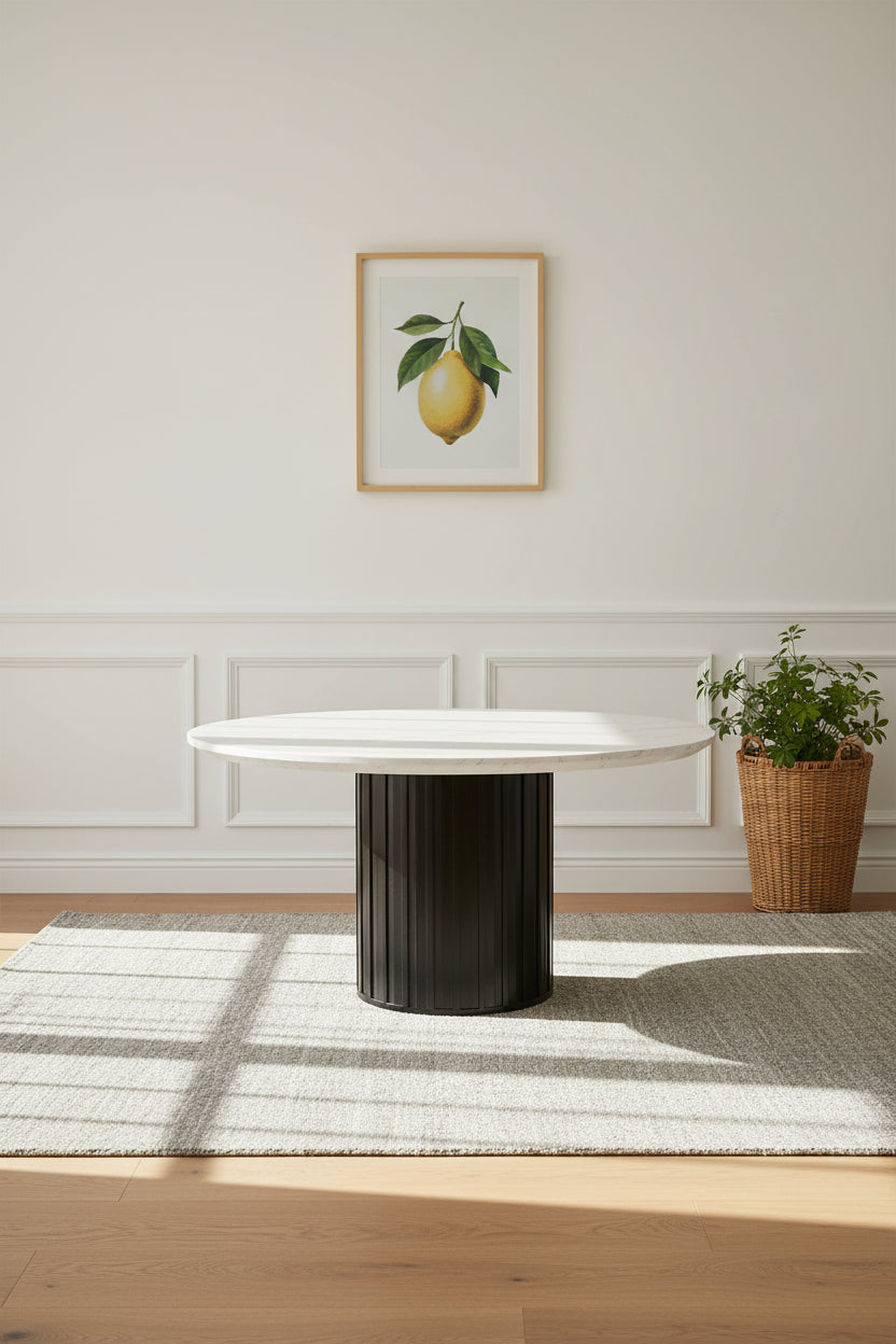 Jerry 54 Inch Dining Table, Round Faux Marble Top, Black Pedestal Base