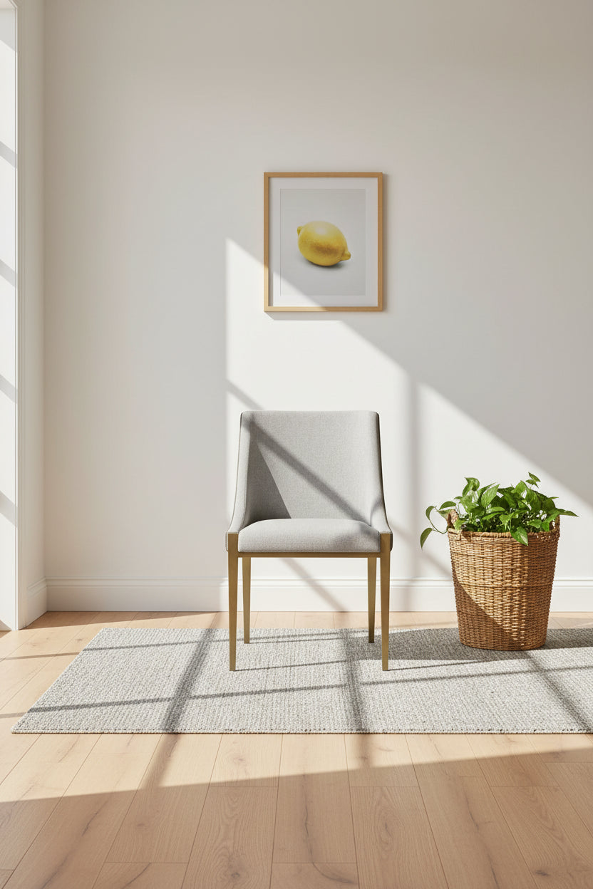 Chaise de salle à manger de 21 pouces, accoudoirs inclinés, similicuir gris, base en laiton