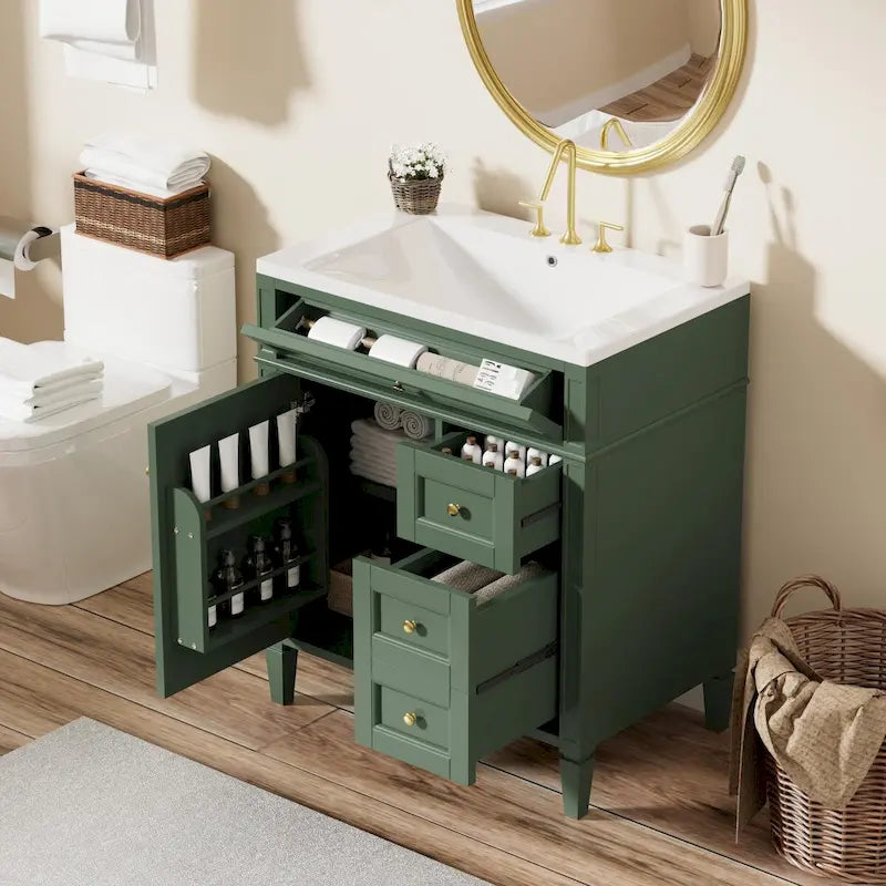 Meuble-lavabo de salle de bain de 76 cm avec lavabo intégré, meuble de rangement de salle de bain avec 2 tiroirs et un tiroir basculant, meuble-lavabo à vasque unique