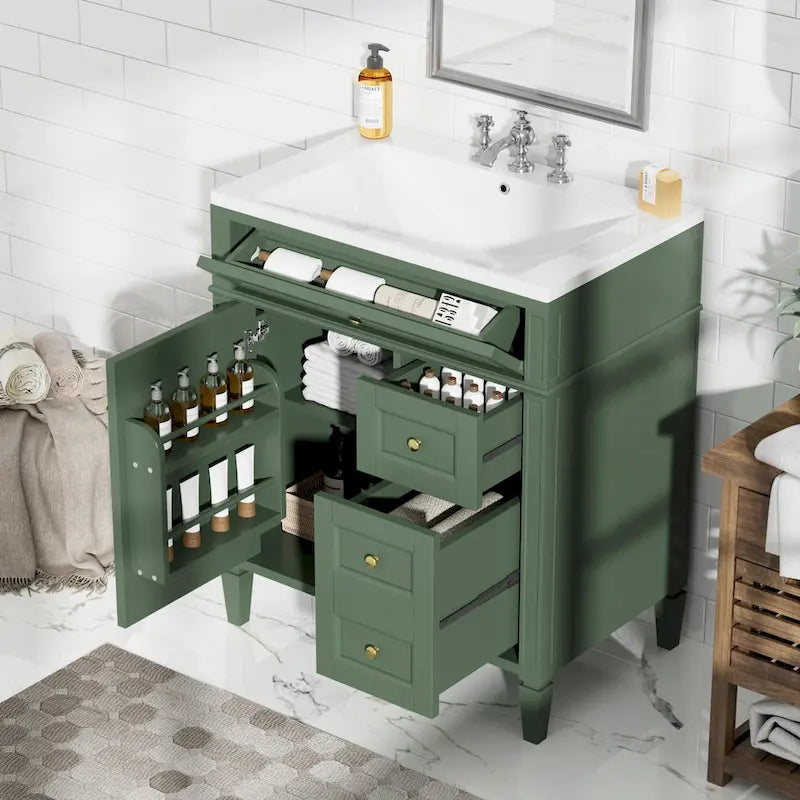Meuble-lavabo de salle de bain de 76 cm avec lavabo intégré, meuble de rangement de salle de bain avec 2 tiroirs et un tiroir basculant, meuble-lavabo à vasque unique