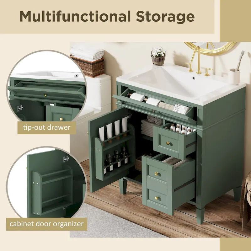 Meuble-lavabo de salle de bain de 76 cm avec lavabo intégré, meuble de rangement de salle de bain avec 2 tiroirs et un tiroir basculant, meuble-lavabo à vasque unique