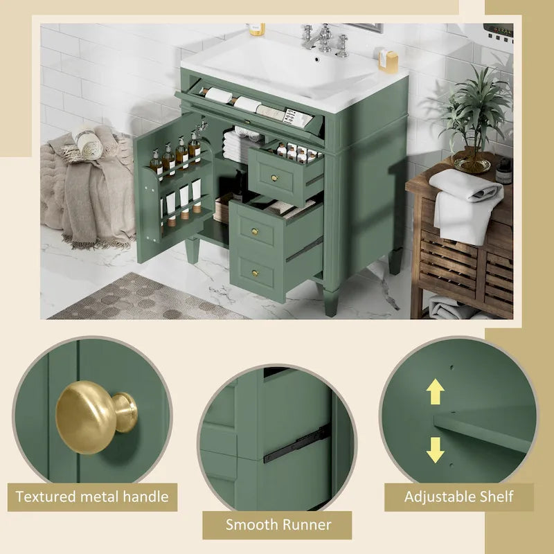 Meuble-lavabo de salle de bain de 76 cm avec lavabo intégré, meuble de rangement de salle de bain avec 2 tiroirs et un tiroir basculant, meuble-lavabo à vasque unique