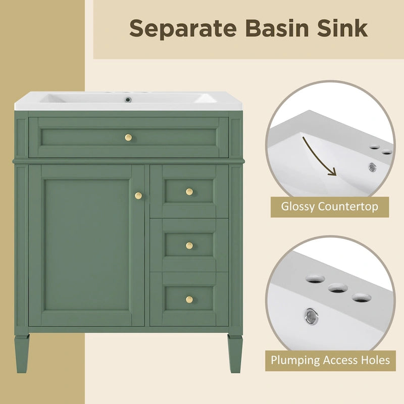 Meuble-lavabo de salle de bain de 76 cm avec lavabo intégré, meuble de rangement de salle de bain avec 2 tiroirs et un tiroir basculant, meuble-lavabo à vasque unique