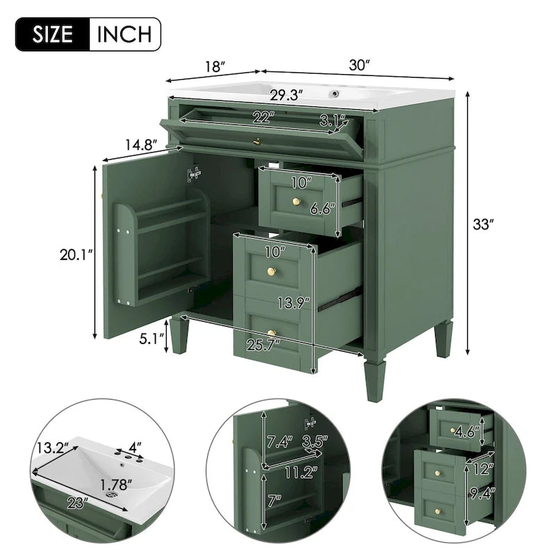 Meuble-lavabo de salle de bain de 76 cm avec lavabo intégré, meuble de rangement de salle de bain avec 2 tiroirs et un tiroir basculant, meuble-lavabo à vasque unique