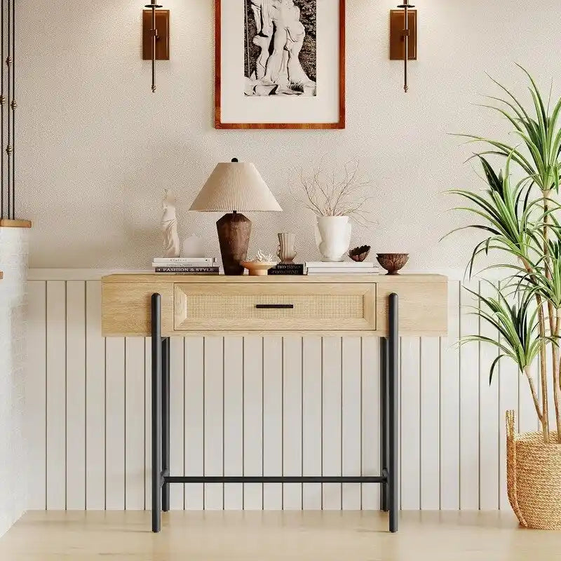 Console, Table d'entrée en rotin avec tiroir de rangement